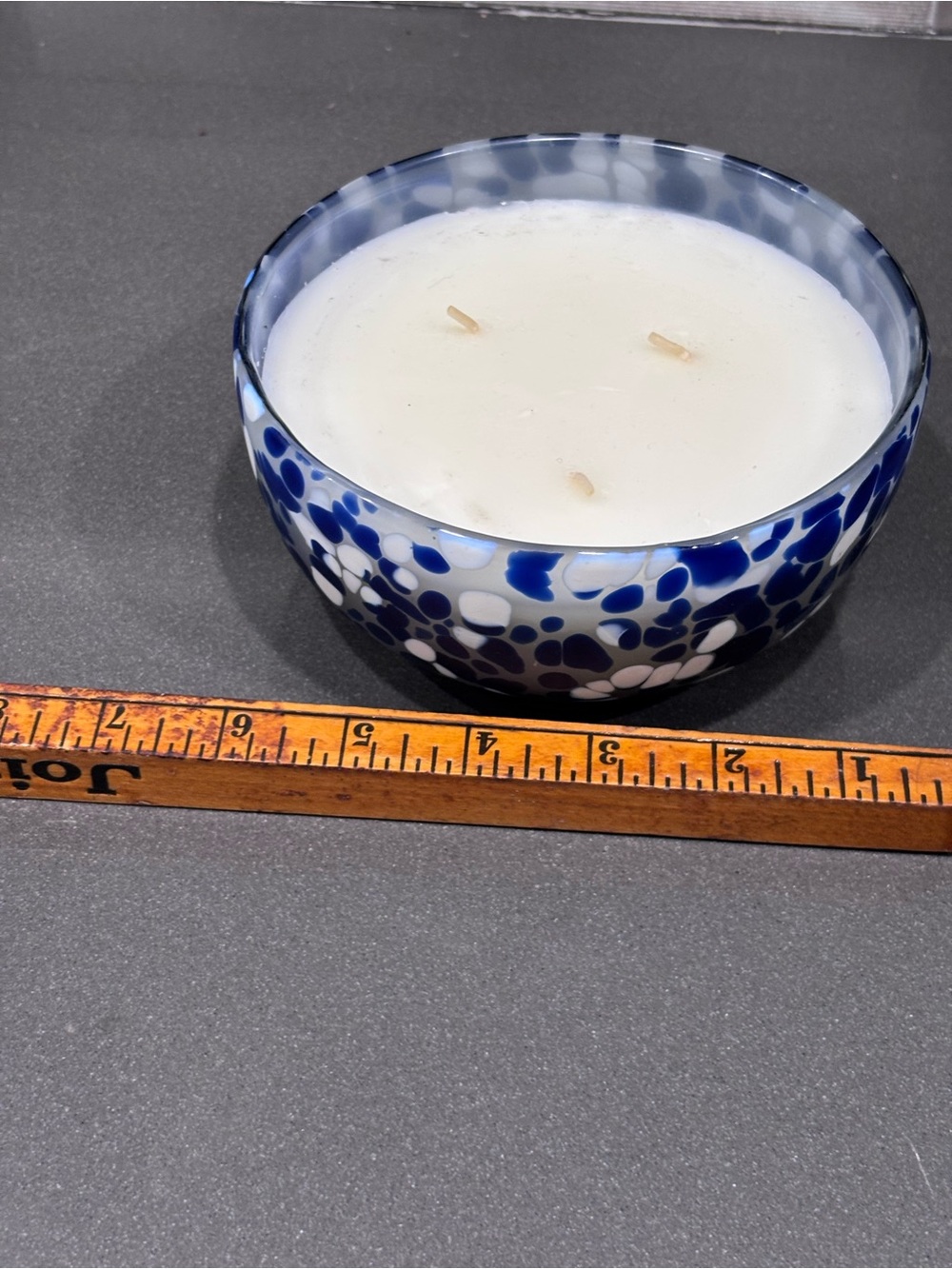 Anthropologie Blue and White Speckled Glass Bowl Candle